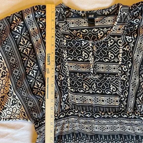 H&M Black and Cream Boho Balloon Sleeve Dress Size 4 - Picture 7 of 9